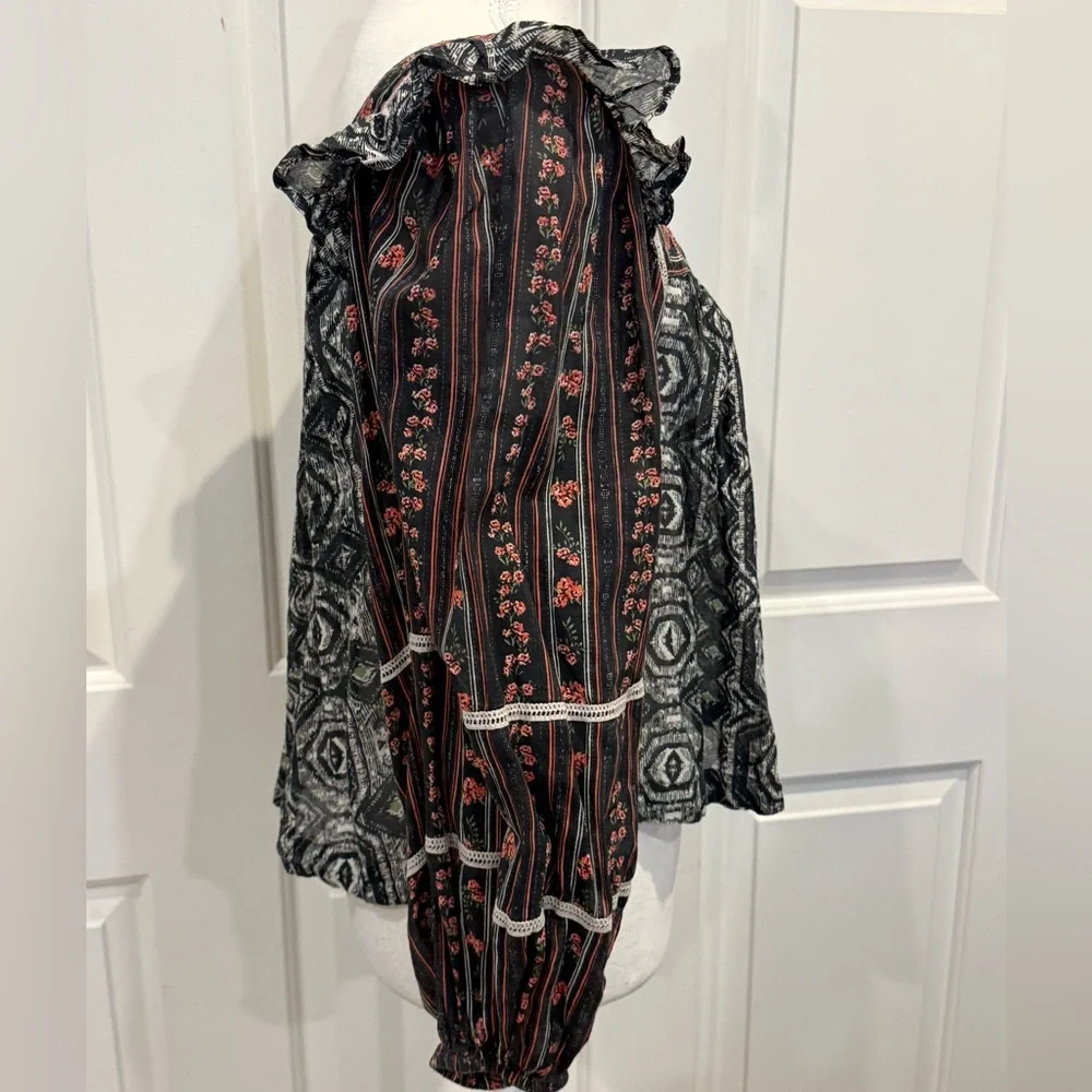 Free People Boho Puff Sleeve Mixed Print Blouse India Cotton S